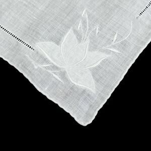 Handkerchief Vintage Floral Applique Satin Stitch White on White Hemstitch Edge